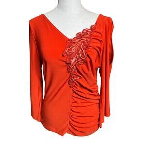 UVA USA Women's Red Orange Ruched Top Size XL Fits M L Y2K Pearl Open Sleeve